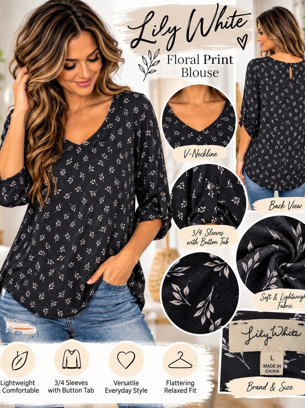 Lily White Black Floral V-Neck Roll-Tab Blouse